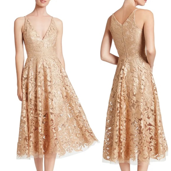 DRESS THE POPULATION Blair Embellished Fit & Flare Dress Small GOLD/NUDE  0176 - Picture 2 of 10